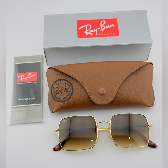 Ray-Ban Square Classic Sunglasses RB1971 Gold Frame Light Brown Gradient Lenses - Picture 14 of 14